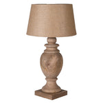 Rustic mango wood table lamp with linen shade inspired by farmhouse and farming decor