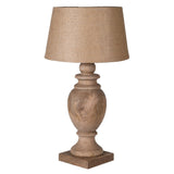 Rustic mango wood table lamp with linen shade inspired by farmhouse and farming decor