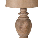Rustic mango wood table lamp with linen shade inspired by farmhouse and farming decor