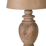 Rustic mango wood table lamp with linen shade inspired by farmhouse and farming decor