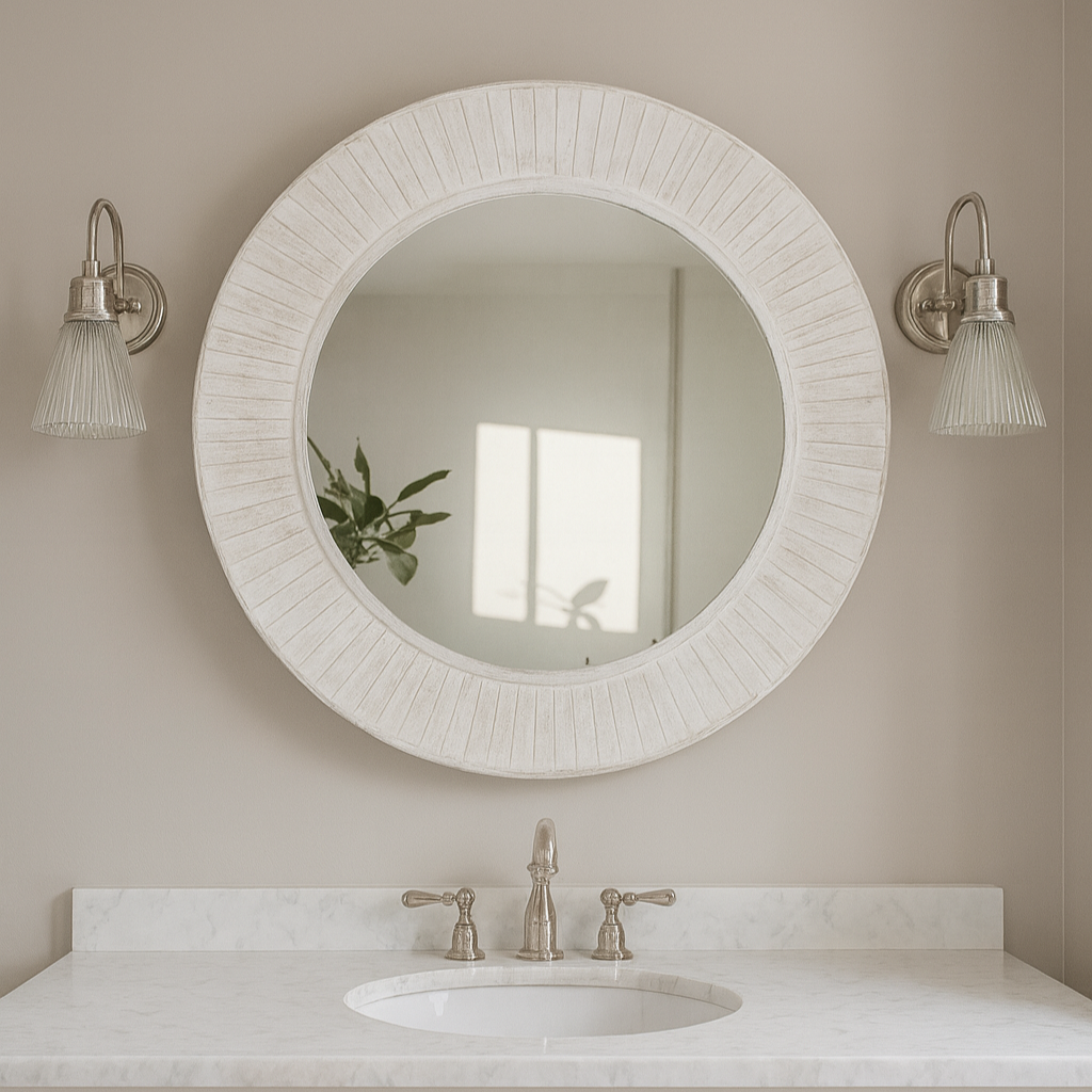 Rustic white mirror above wooden vanity unit flanked with wall lights 