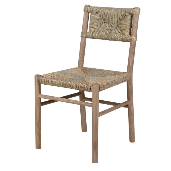 Rustic woven seagrass dining chair with solid wood frame angled view