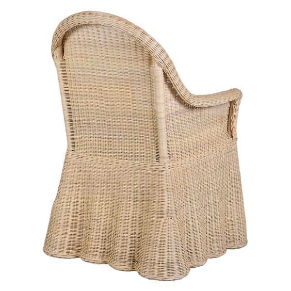 A natural beige woven rattan or wicker chair shown from the back on a plain white background.