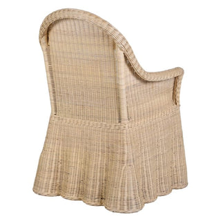 A natural beige woven rattan or wicker chair shown from the back on a plain white background.