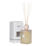 Extra large 2200ML SENCES Petra fragrance diffuser with natural travertine lid, frosted glass bottle, and box – pink pepper, cedarwood, and patchouli scent for luxury home ambiance.