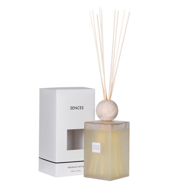 Extra large 2200ML SENCES Petra fragrance diffuser with natural travertine lid, frosted glass bottle, and box – pink pepper, cedarwood, and patchouli scent for luxury home ambiance.