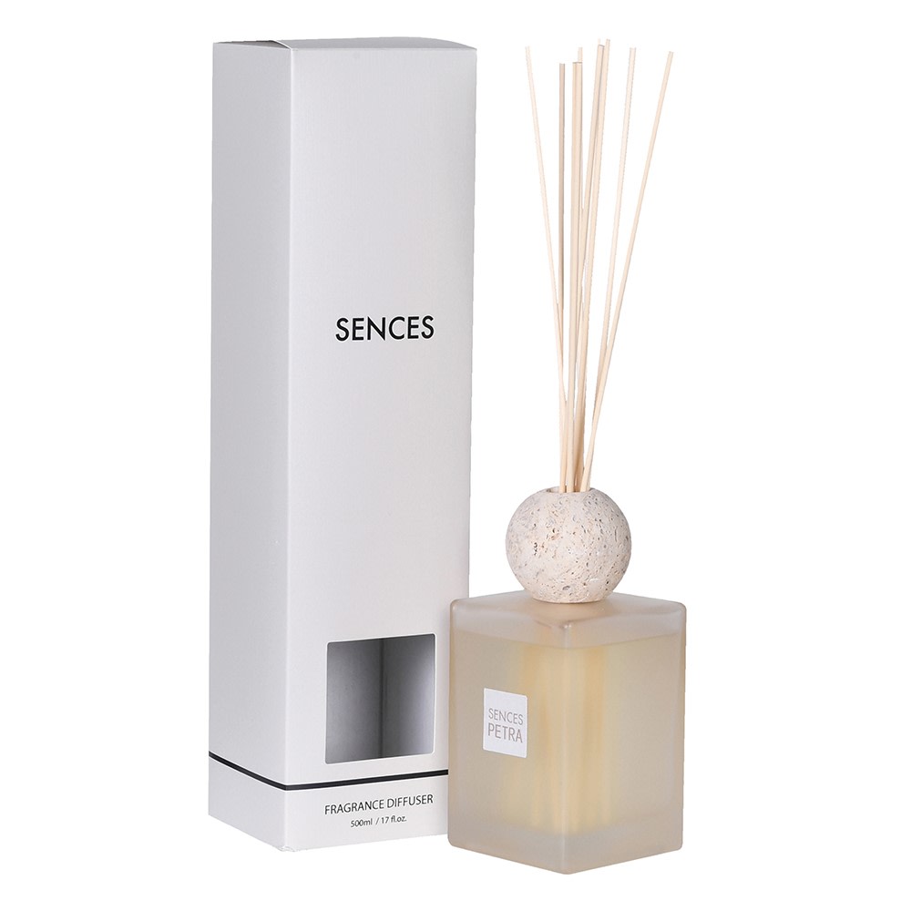 Luxury SENCES Petra 500ML fragrance diffuser with natural travertine lid and box packaging – pink pepper, cedarwood, and patchouli scent.