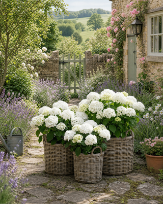 SET OF THREE RATTAN GARDEN PLANTERS FILLED WITH HYDANGEA IN A COUNTRY COTTAGE GARDEN