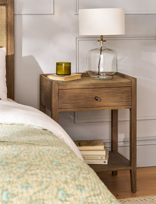 Northleach Bayur wood side table with woven rattan top and drawer, view 2