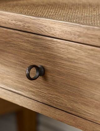 Northleach Bayur wood side table with woven rattan top and drawer, view 5