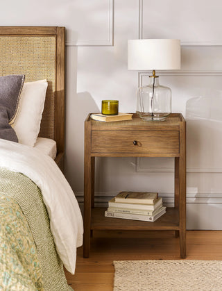 Northleach Bayur wood side table with woven rattan top and drawer
