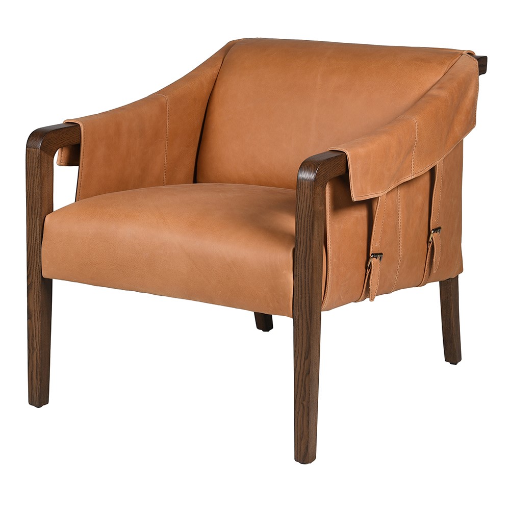 Front-angle view of Saddleback Luxe Leather Lounge Chair with tan leather and wooden legs