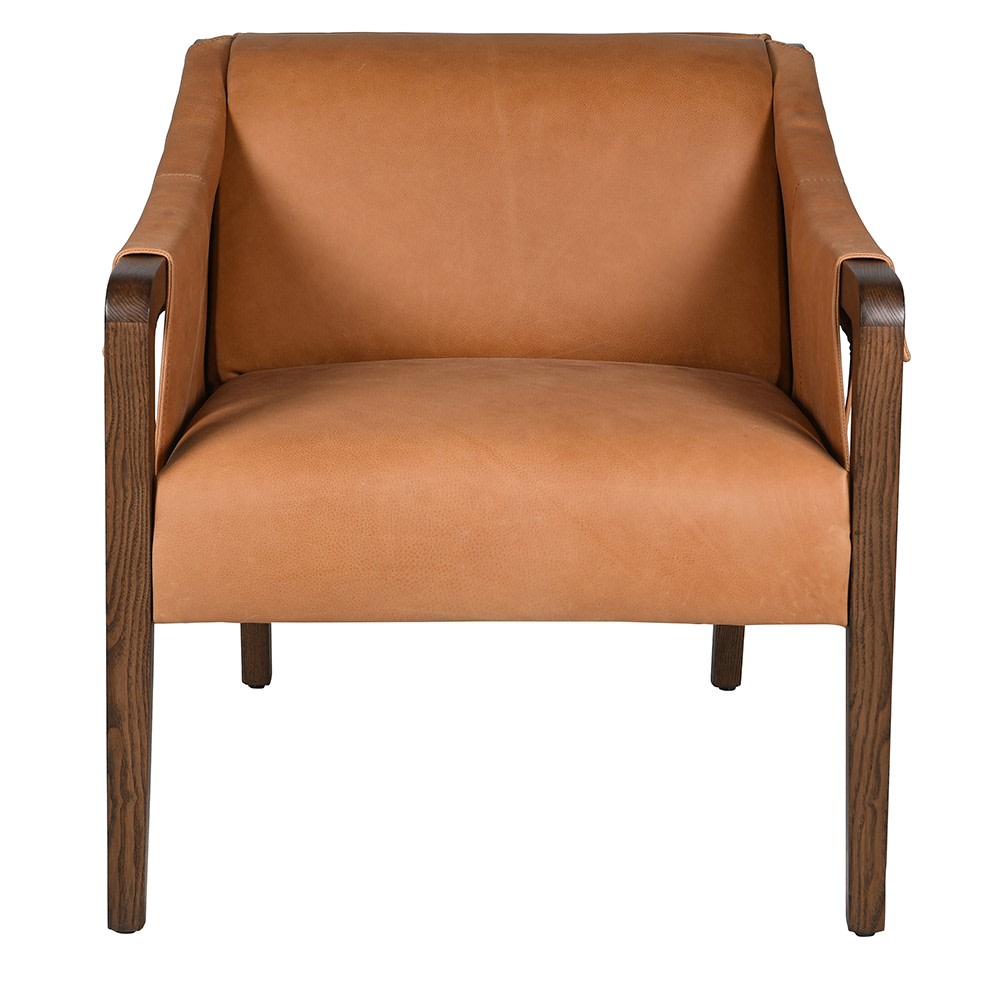 Straight-on view showcasing seat and backrest design of the leather lounge chair