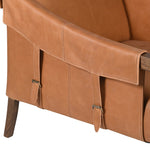 Close-up of buckle detailing on the leather side flaps