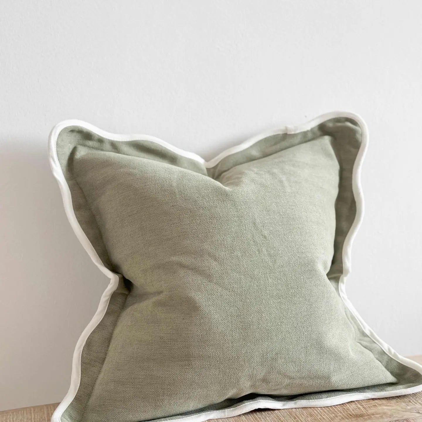 Sage plain poly cotton cushion cover 45cm square with scalloped edge and contrast trim