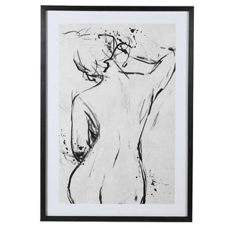 Saint James framed figure study showing a gestural monochrome ink-wash drawing of a female nude from the back, set behind glass with a white mount in a slim black frame
