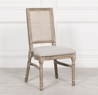 Salcombe French-style cane back dining chair in limewashed birch, angled view