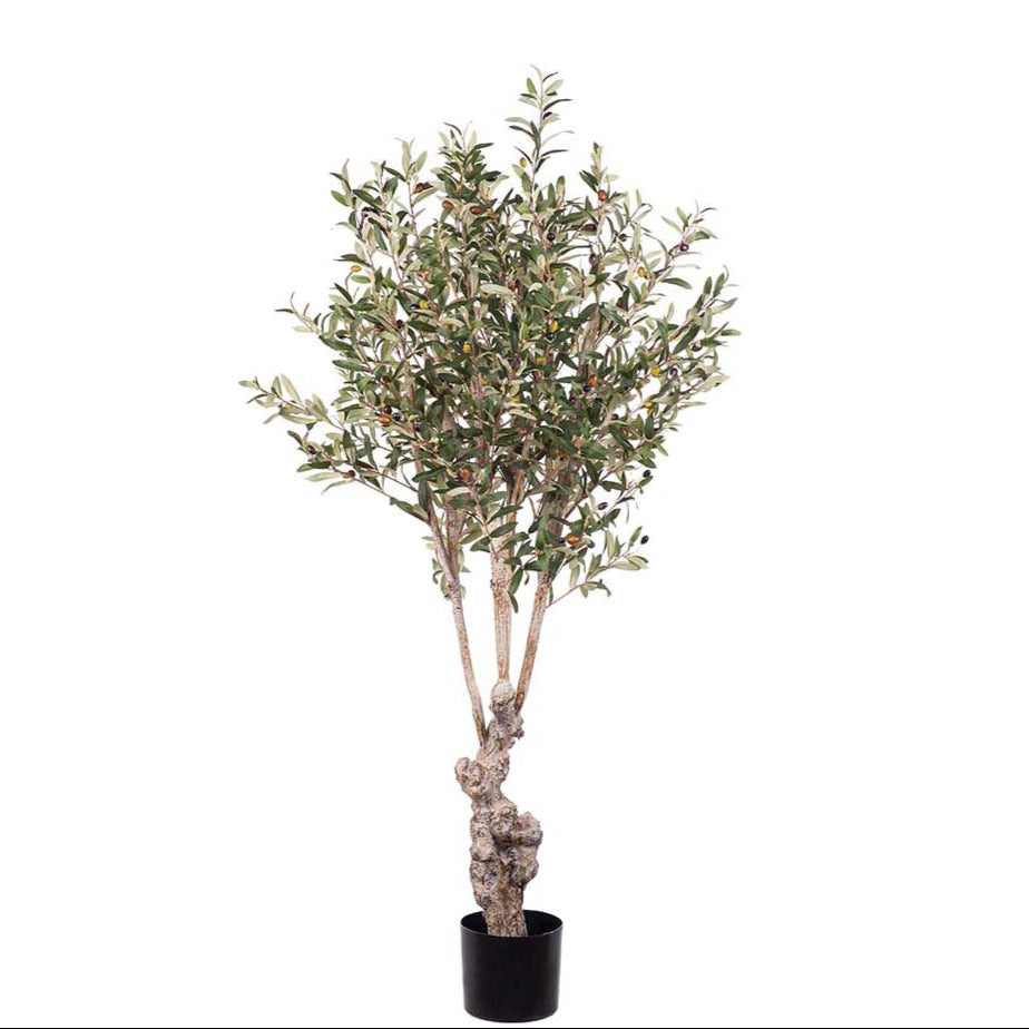 150cm faux olive tree with gnarled trunk and lifelike green foliage in black pot