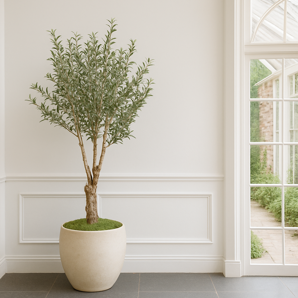 150cm faux olive tree with gnarled trunk and lifelike green foliage in ceramic pot topped with moss.