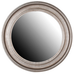 This gorgeous round mirror is complete with distressed silver detailing.