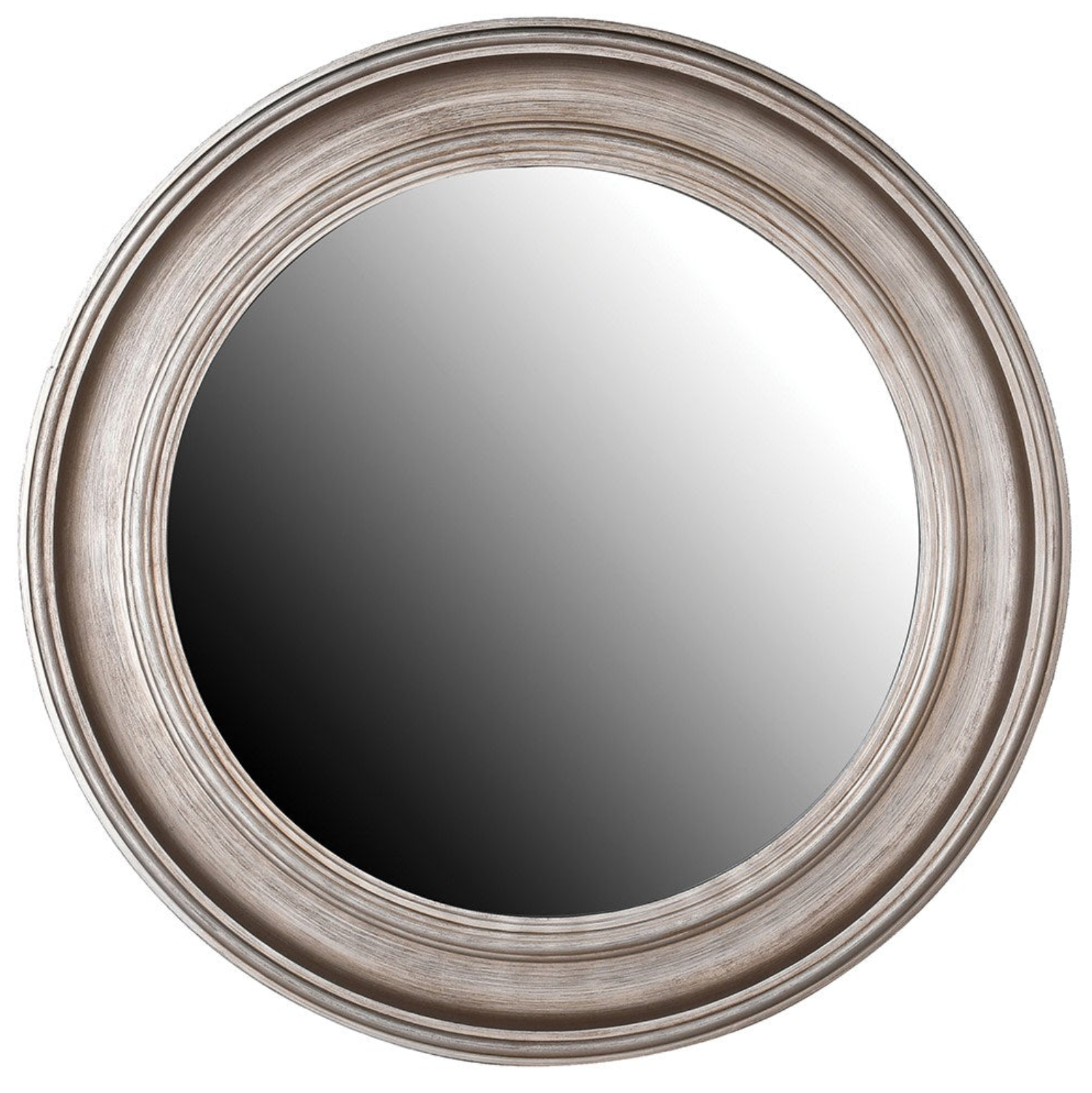 This gorgeous round mirror is complete with distressed silver detailing.