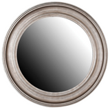 This gorgeous round mirror is complete with distressed silver detailing.