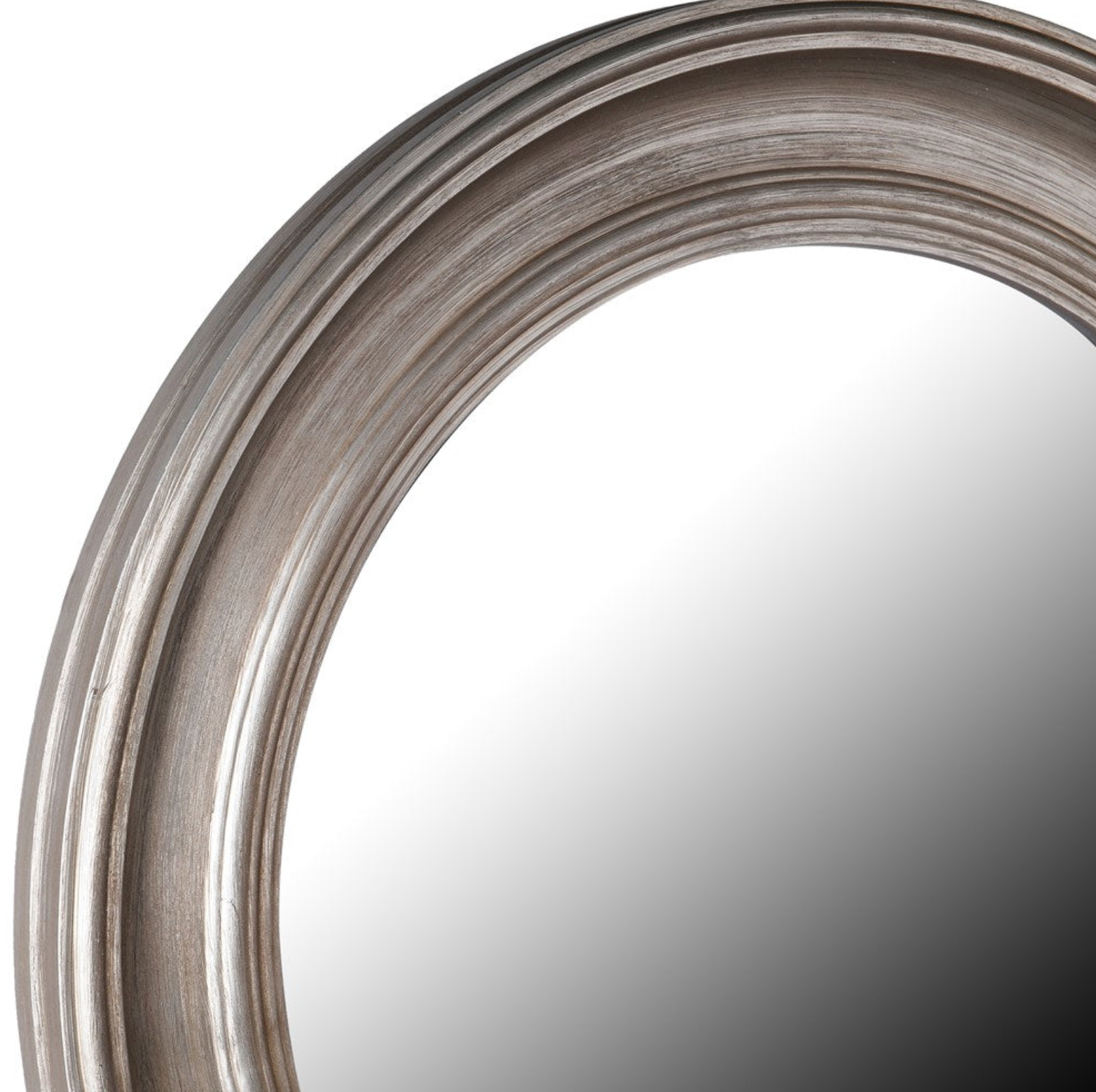 This gorgeous round mirror is complete with distressed silver detailing.