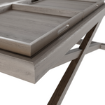 A beautiful aged oak square coffee table featuring removeable oak trays.