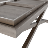 A beautiful aged oak square coffee table featuring removeable oak trays.