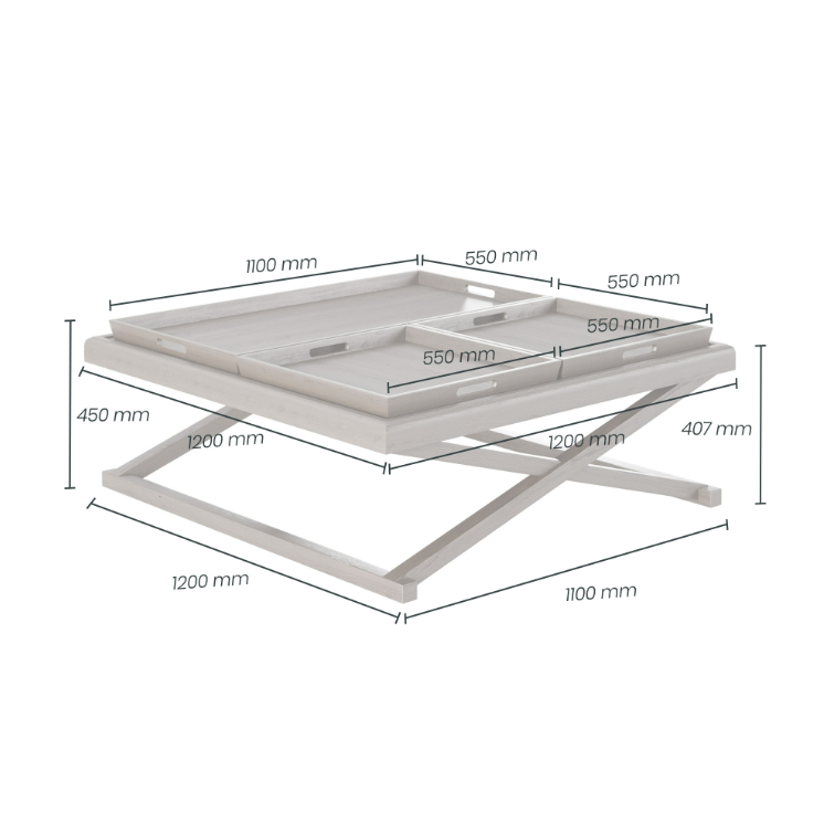 A beautiful aged oak square coffee table featuring removeable oak trays.