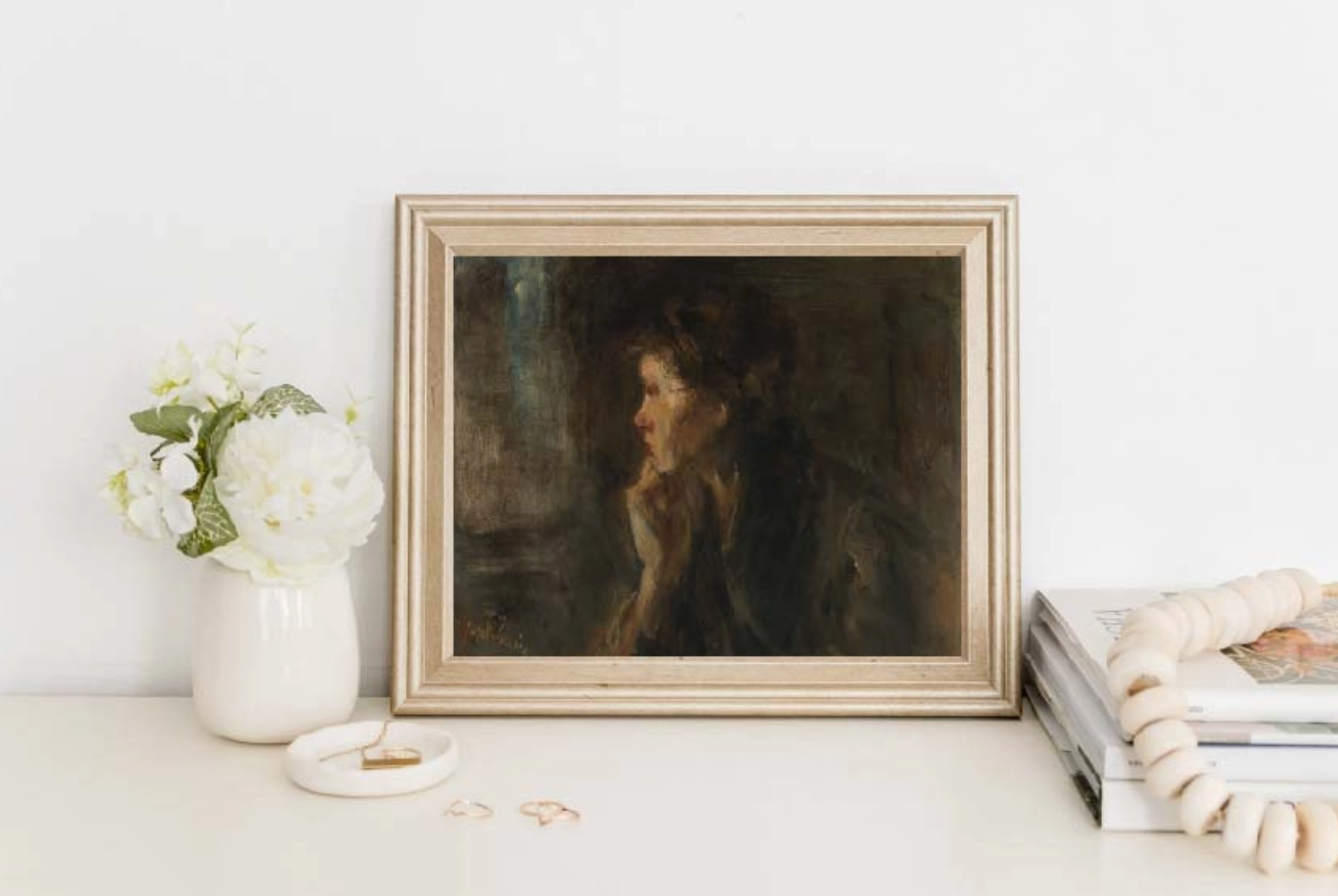 vintage art print of a woman in a thoughtful pose