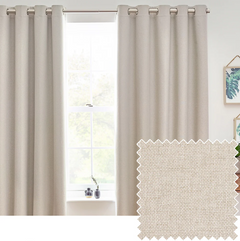 Dawn textured blackout eyelet curtains in linen hanging on window with fabric texture sample