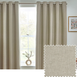 Dawn textured blackout eyelet curtains in natural hanging on window with fabric texture sample