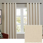 Soft chenille blackout eyelet curtains in ecru hanging on window with fabric texture sample