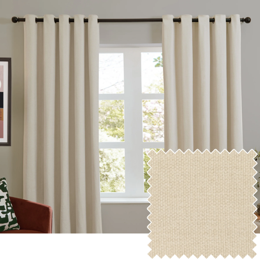 Soft chenille blackout eyelet curtains in ecru hanging on window with fabric texture sample