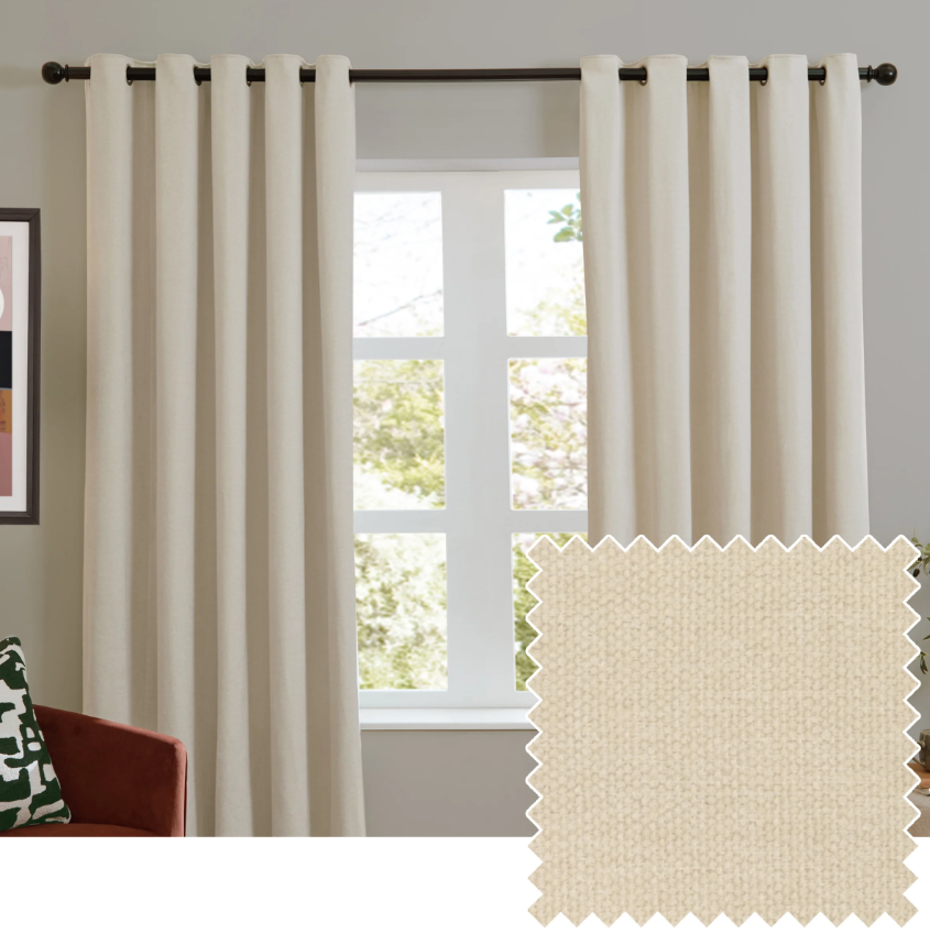 Soft chenille blackout eyelet curtains in ecru hanging on window with fabric texture sample