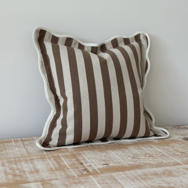 Emmie Brown Stripe poly cotton cushion cover 45cm square with scalloped edge trim