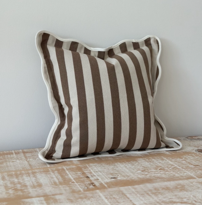 Emmie Brown Stripe poly cotton cushion cover 45cm square with scalloped edge trim