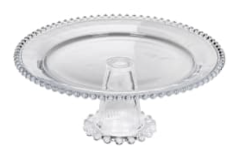 Lacock clear glass cake stand with a beaded edge on the plate and foot