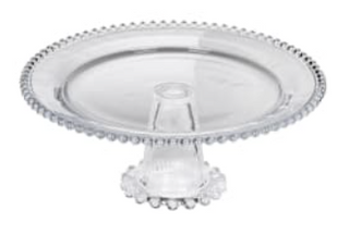 Lacock clear glass cake stand with a beaded edge on the plate and foot