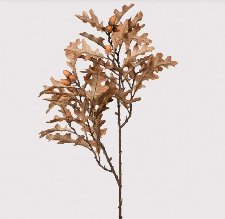 Single faux oak stem with golden leaves and acorns on a plain background