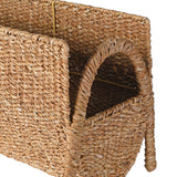 Close up view of seagrass magazine rack handle and weave detail