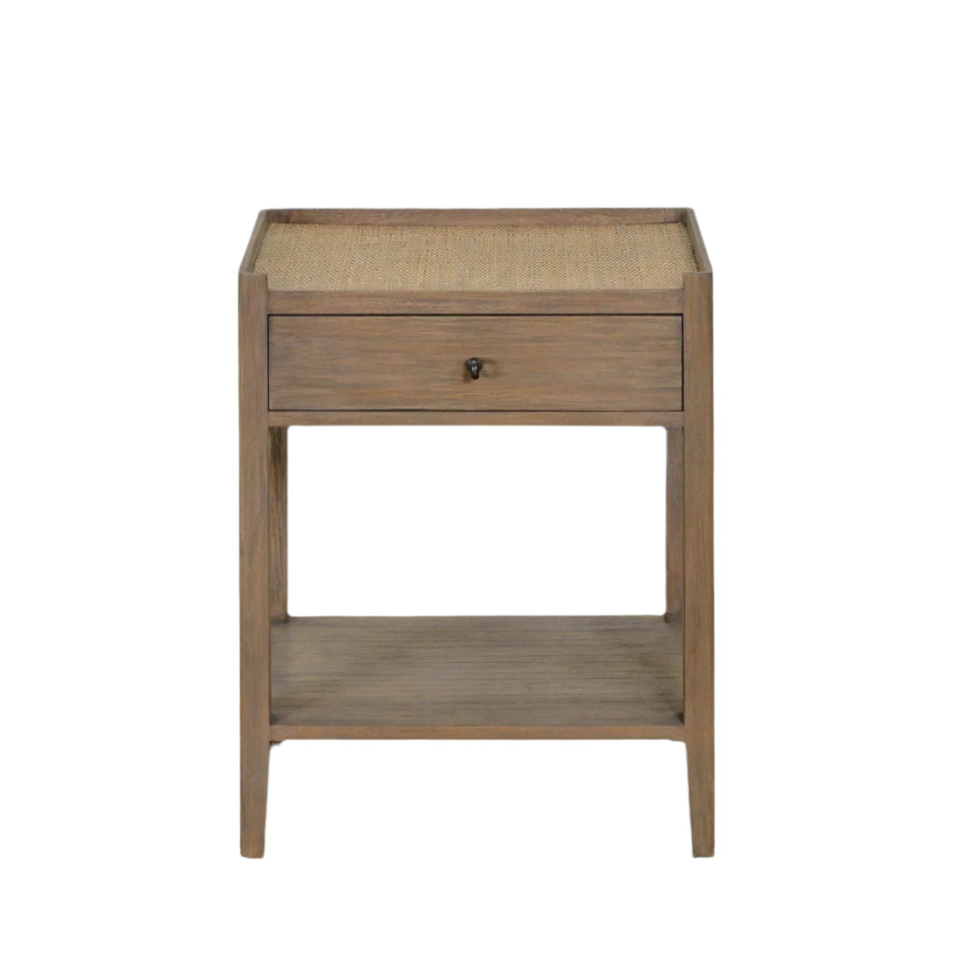 Natural wood bedside table with rattan top, single drawer, brass handle, and open lower shelf – made from Bayur wood and Mindi veneer