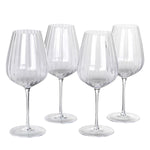 Set of 4 clear ribbed wine glasses with tall stems and elegant crystal design