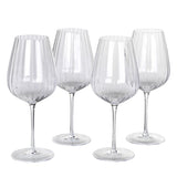 Set of 4 clear ribbed wine glasses with tall stems and elegant crystal design