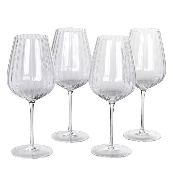 Set of 4 clear ribbed wine glasses with tall stems and elegant crystal design