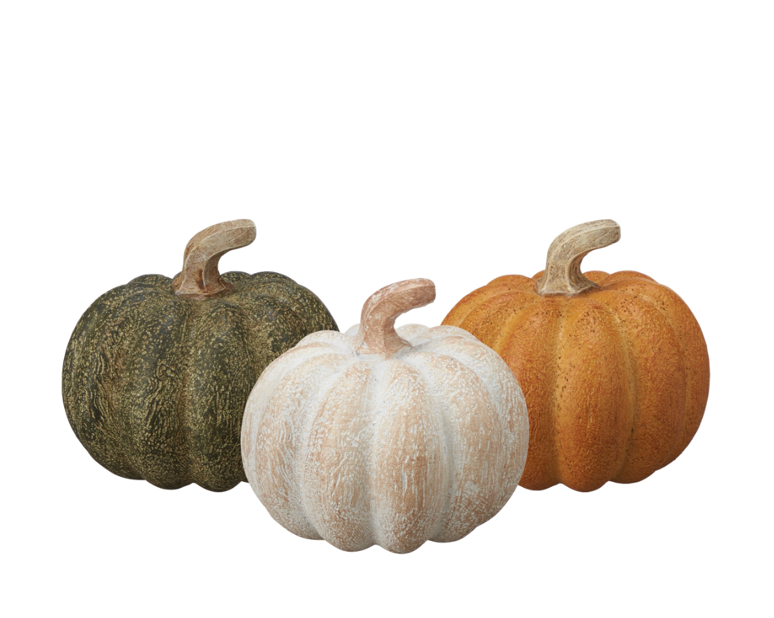 Set of 6 polyresin pumpkins in green, orange, and white