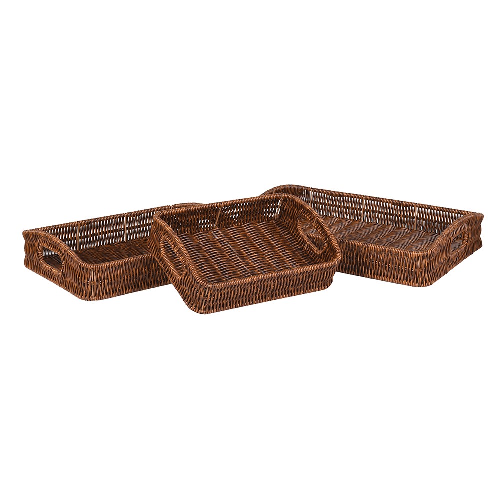Set of three woven faux rattan trays in brown.