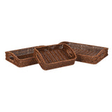 Set of three woven faux rattan trays in brown.