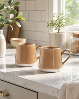 Two ceramic mugs in a warm tan color with white bases, displayed on a white marble kitchen counter with a tiled backsplash and potted plants in the background.